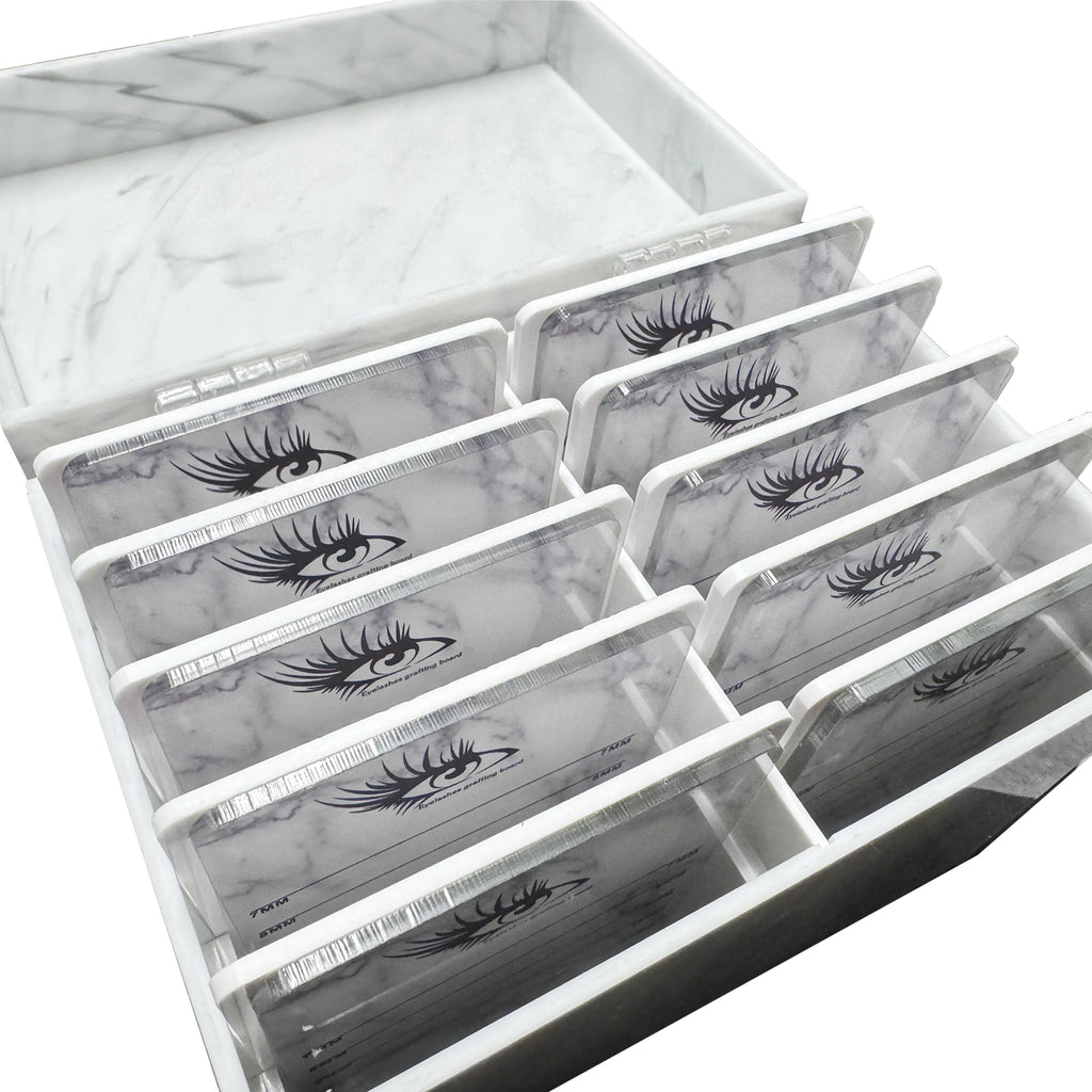 Lash Display Trays in Marble Pattern with Attached Container for Your Business Bandejas de Exhibición para Pestañas con Patrón de Mármol y Contenedor Adjunto para tu Empresa.